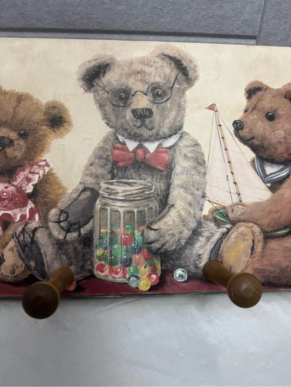 Vintage wooden country cottage nursery teddy bear coat hat peg rack